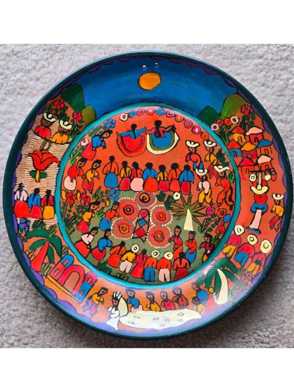 Mexican Folk Art Terracotta Round Wall Hanging Plate 10 In Diameter Hand Painted